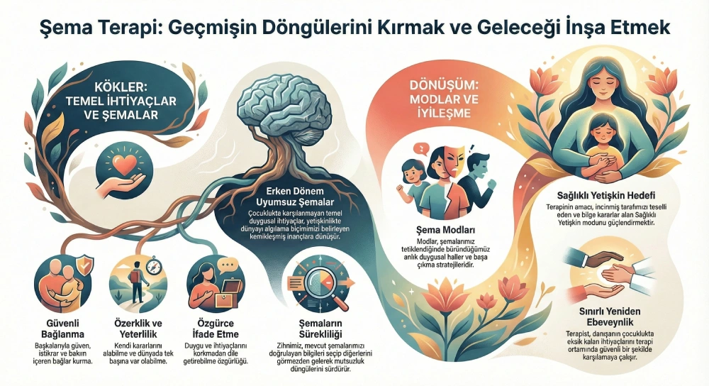 Şema Terapi'yi anlatan kapsamlı infografik: 'Geçmişin Döngülerini Kırmak ve Geleceği İnşa Etmek'. Solda 'Kökler' başlığı altında beyni saran kökler ile güvenli bağlanma, özerklik ve erken dönem uyumsuz şemalar açıklanıyor. Sağda 'Dönüşüm' başlığı altında ise şema modları, içsel çocuğu kucaklayan sağlıklı yetişkin hedefi ve sınırlı yeniden ebeveynlik teknikleri görselleştirilmiş.